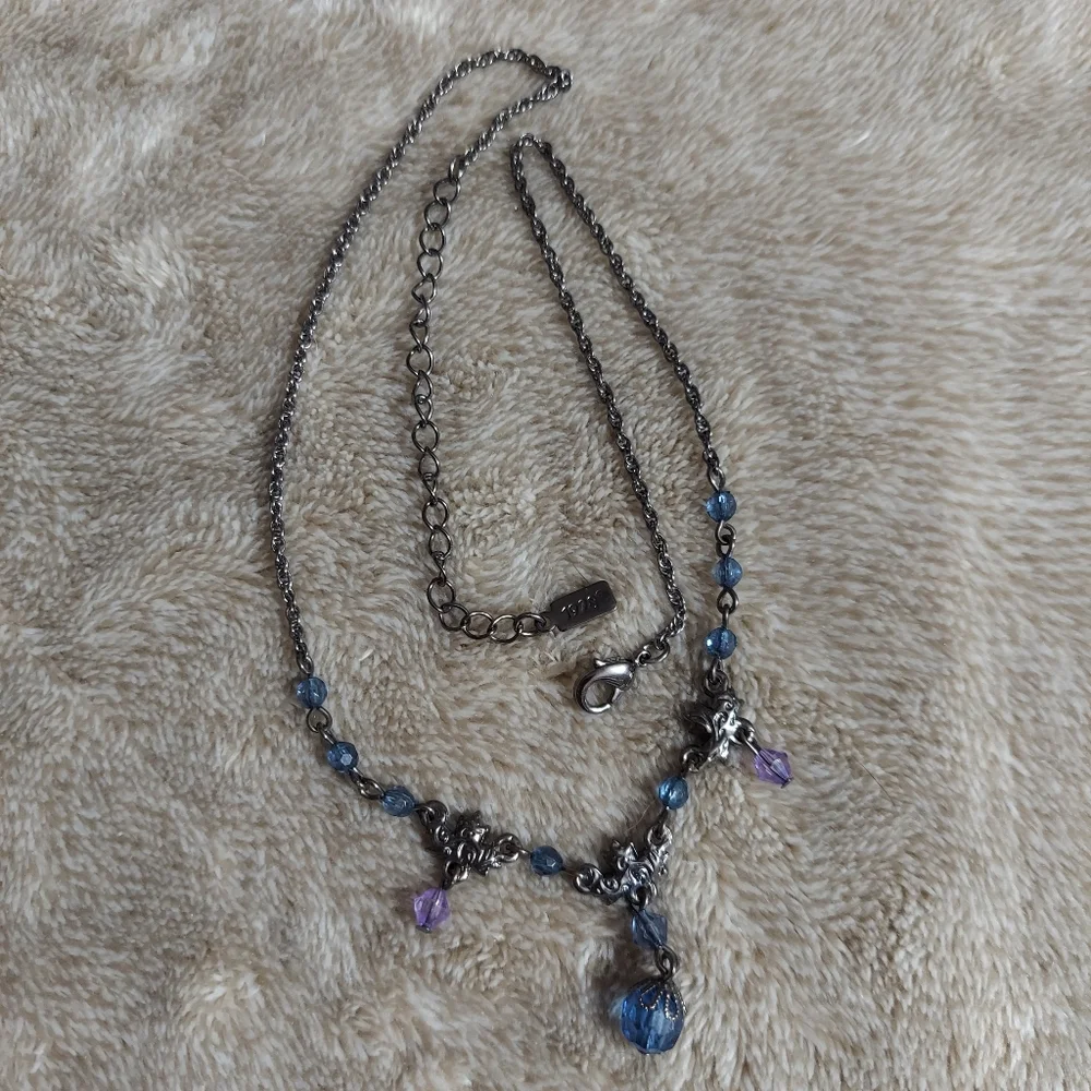 '1928' Textured Gun Metal Black/Faceted Blue & Purple Crystal Floret Necklace - Picture 5 of 8